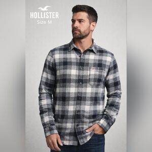 Hollister Men’s Plaid Button-Up Flannel Shirt Black Gray White Cotton Size M